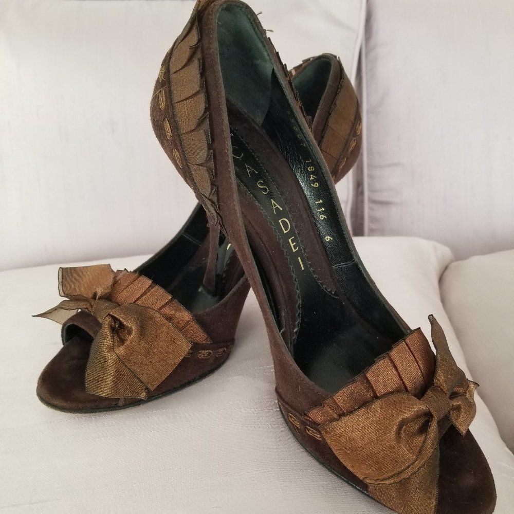 Casadei Luscious Dark Brown Suede and Silk Dress Pumps Size 6